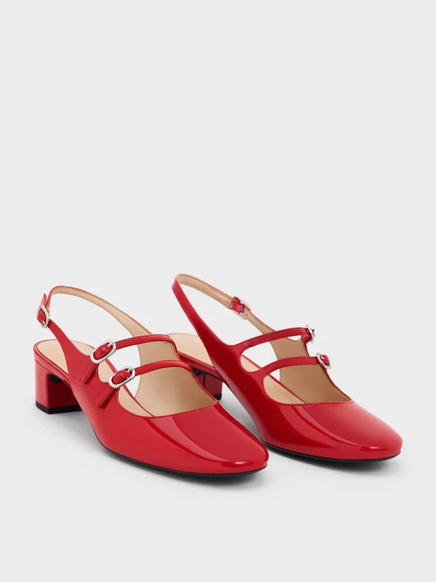 Red Double-Strap Slingback Mary Jane Pumps | CHARLES & KEITH