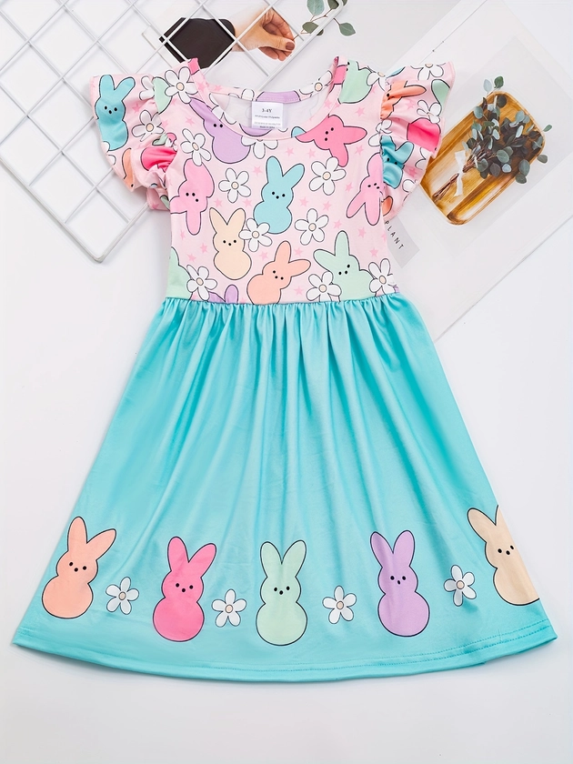 Girls Bunny & Flower Graphic Flutter Trim Sleeveless Dress For Summer Party Easter