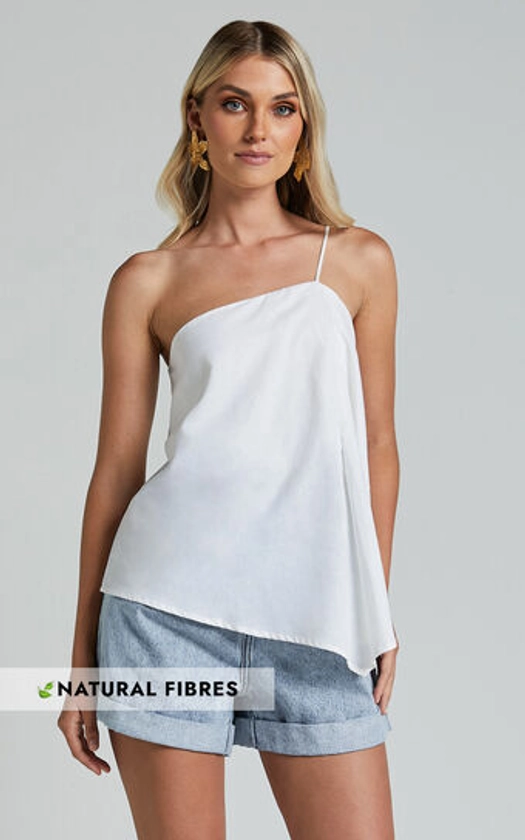 Amalie The Label - Charmonique Linen Asymmetric One Shoulder Cami Top in White