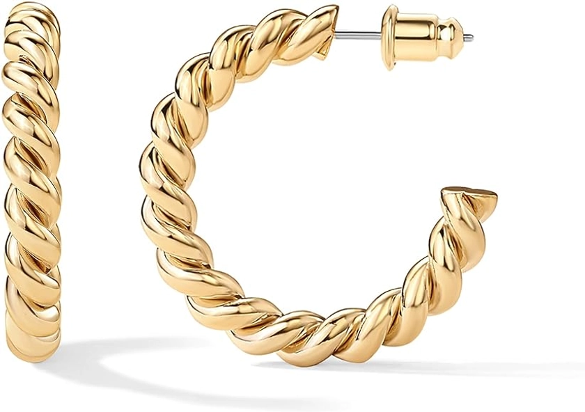 PAVOI 14K Gold Plated Twisted Rope Round Hoop Earrings in Rose Gold, White Gold and Yellow Gold