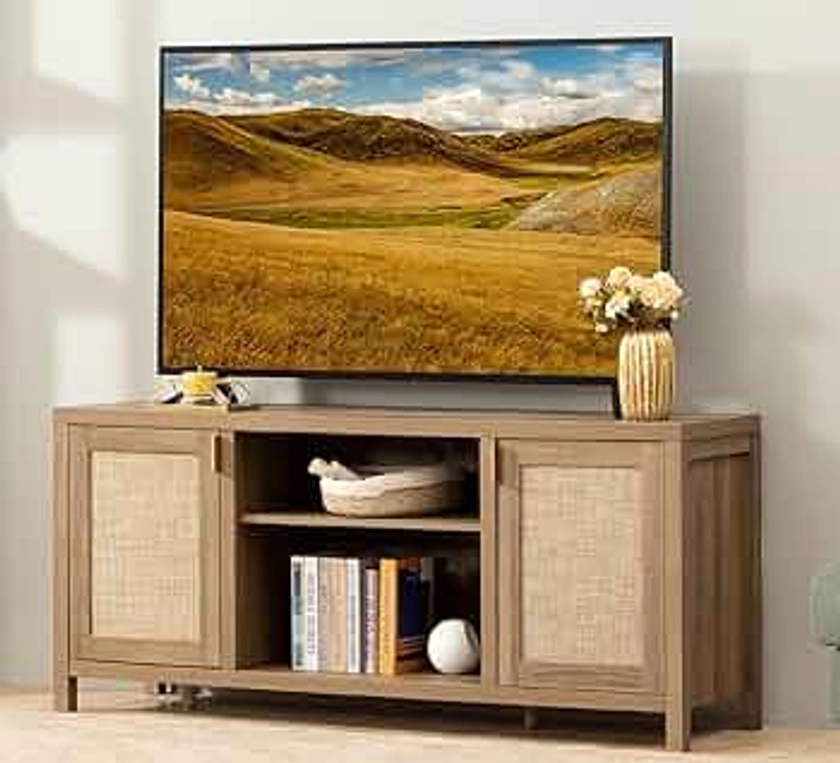 SICOTAS TV Stand for Living Room : Rattan TV Console Cabinet with Storage and Shelf, Boho Entertainment Center, 59" Media Console for 55, 65 Inch TV, 26" Tall Wood Television Stands, Oak