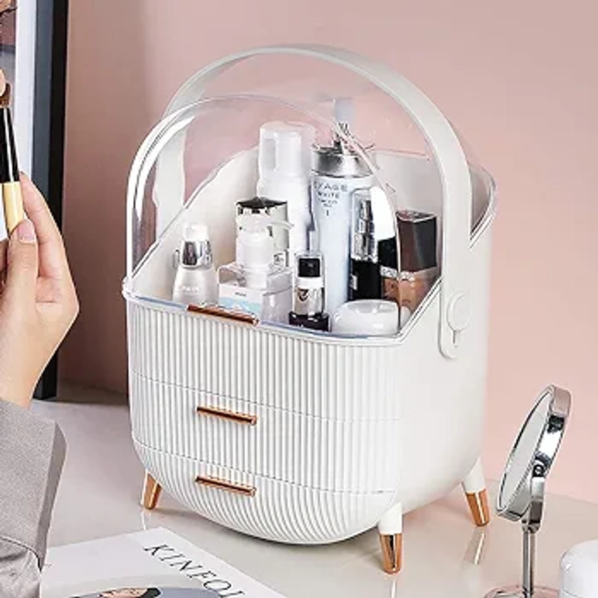 Multi-Function Make Up Case Dustproof Cosmetic Storage Box, Organizer Skin Care Products Jewelry Organizer Finishing Box for Bedroom Bathroom Desktop, White
