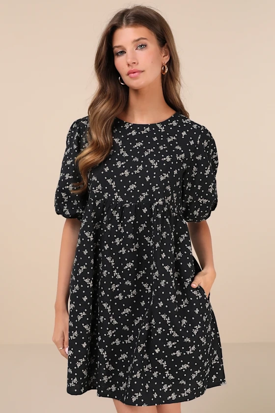 Marate Black Floral Puff Sleeve Mini Dress