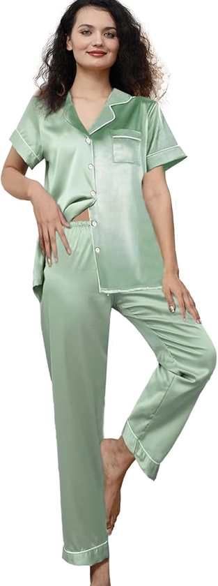 WJing Yi Jia Womens Pajamas Set XS-3XL Floral Silk Satin Pajama Sets Silky Pj Sets 2Pcs Loungewear Sleepwear Button Down Pjs at Amazon Women’s Clothing store