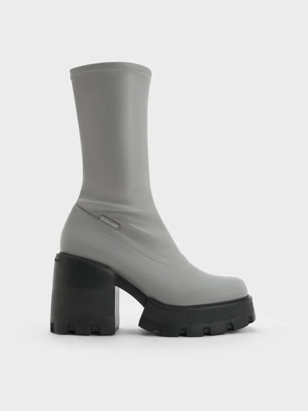 Side-Zip Platform Calf Boots - Grey