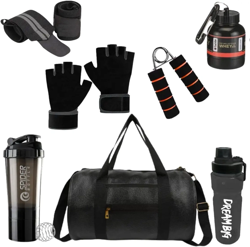 Buy Premium Gym Accessories Combo Set for Men and Women Workout with Whey Bottle, Hand Gripper,Duffle Bag, Wrist Wrap, Hand Gloves Sipper/Shaker - All-in-One Fitness Gym Kit (Pack of 7) (Black) at Amazon.in