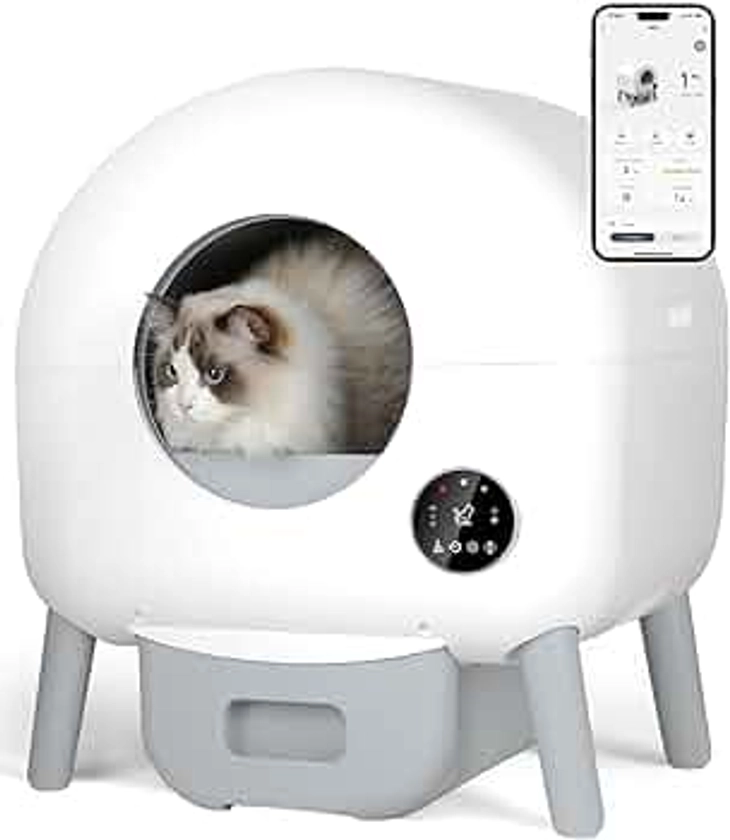 Self Cleaning Litter Box -100L Automatic Cat Litter Box Self Cleaning, All Cats Can Use, with 1 Roll Garbage Bags and Mat, App Control, White Color.