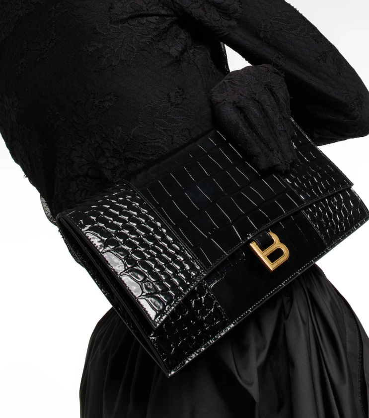 Hourglass Small croc-effect leather clutch in black - Balenciaga | Mytheresa