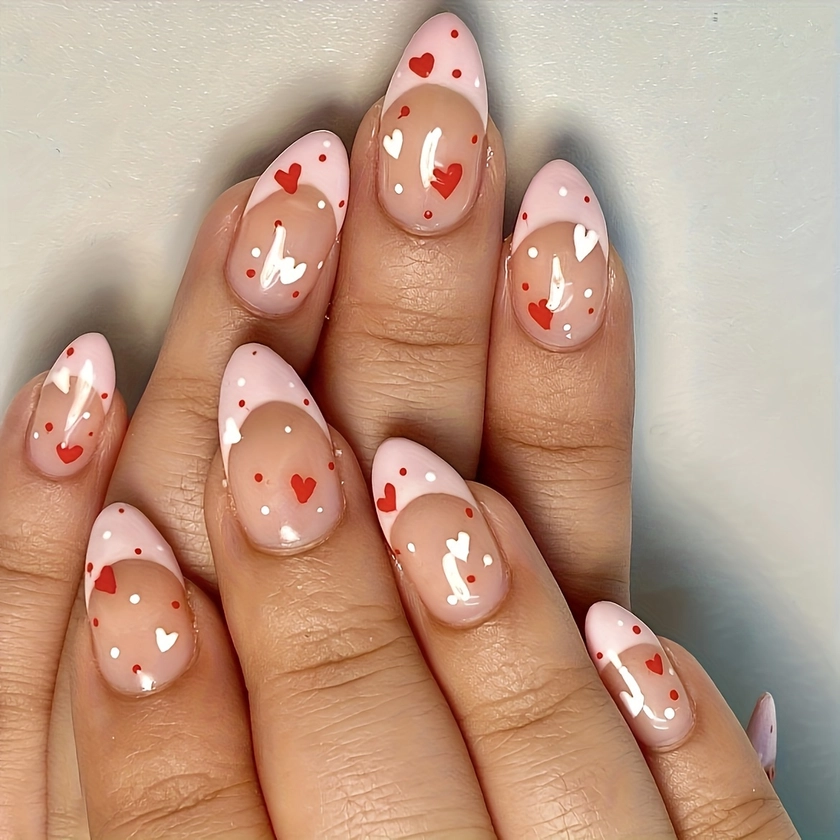 24pcs/set Valentines Almond Press On Nails Short Red White Heart * Nails Polka Dots Pattern Glue On Nails Glossy Full Cover False Nails Acrylic Sti