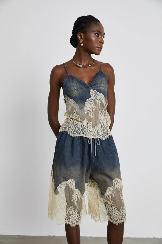 Sylvie lace-detail denim top & shorts matching set