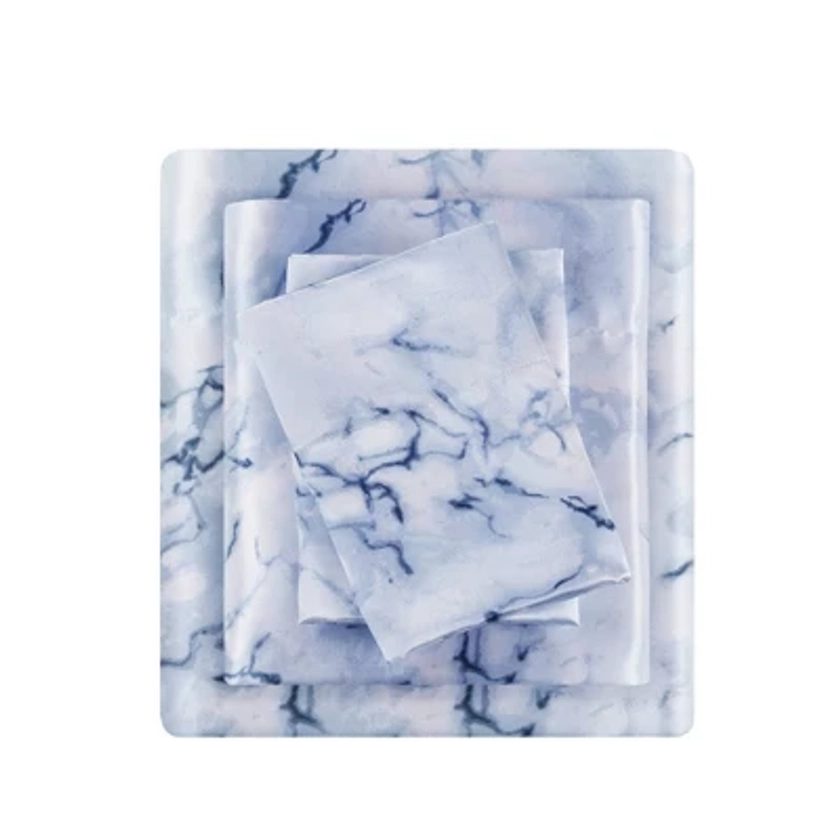 King Printed Satin Sheet Set Blue Marble - Madison Park: Luxury Polyester Bedding, OEKO-TEX Certified