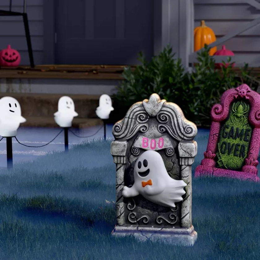 16" Light and Sound Ghost Tombstone Halloween Decorative Prop: Hyde & EEK! Boutique™, Indoor/Outdoor, 3 AA Batteries Included