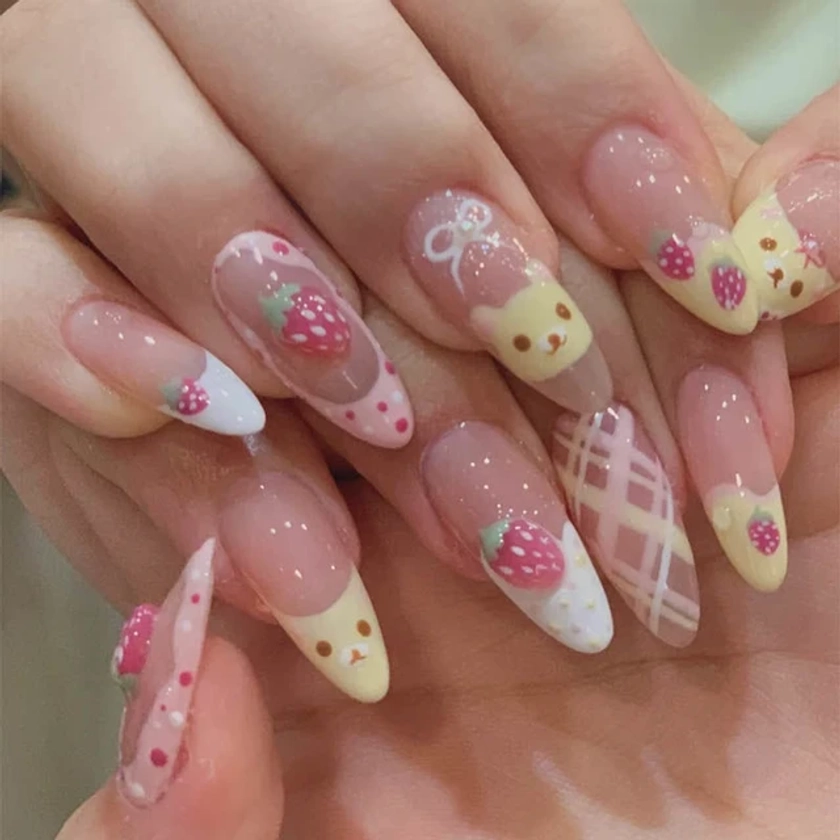 10Pcs Almond Press on Nails with Pink Strawberry Bear Design Acrylic False Nails Cute Full Cover Sweet Girl Wearable Nail new