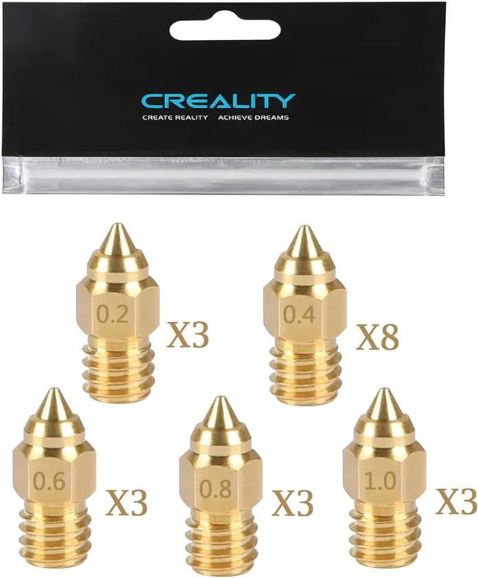 Creality Lot de 20 buses en laiton pour imprimante 3D Ender 3 S1, 8 pièces 0,4 mm et 3 pièces de 0,2 mm, 0,6 mm, 0,8 mm, 1,0 mm pour Ender 3/Pro/V2/Max/Neo, Ender5/Pro/Plus, Ender 6