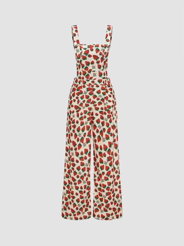 Strawberry Milk Woven Woven Strawberry Print Wide Leg Jumpsuit For Outdoor Vacation