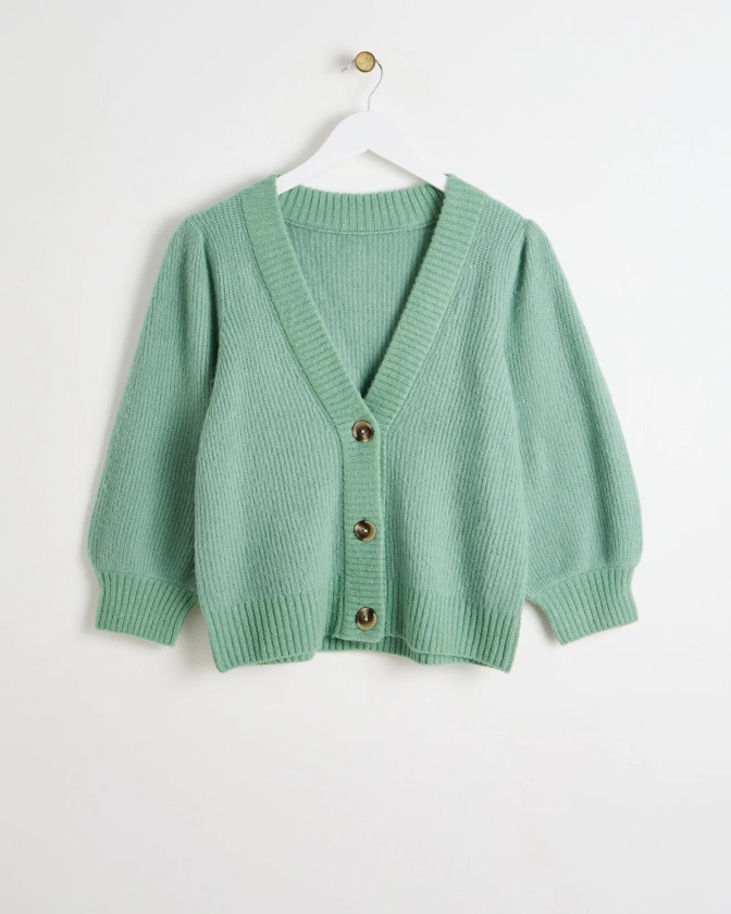 Sage Green Puff Sleeve Sparkle V-Neck Cardigan | Oliver Bonas