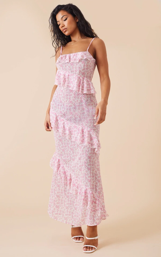 Pink Floral Print Chiffon Frill Detail Maxi Dress