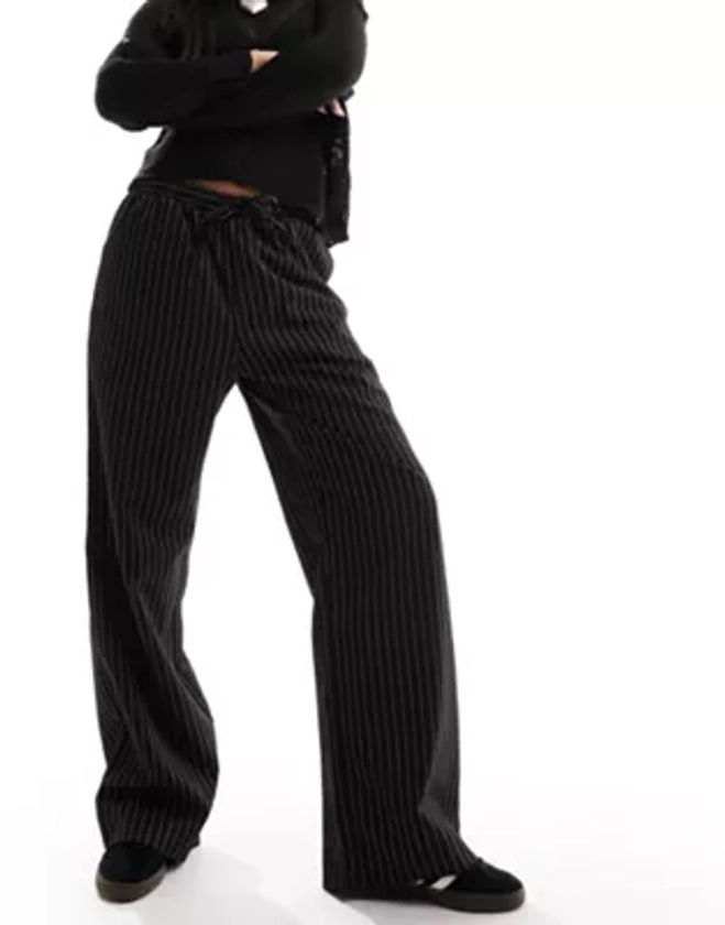 Monki drawstring straight leg trousers in black pinstripe | ASOS
