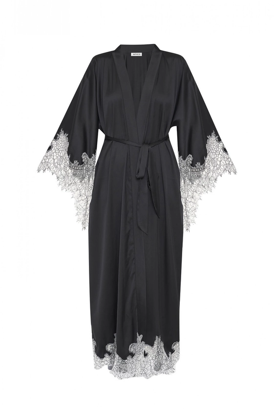 White Lace Detailed Maxi Black Robe