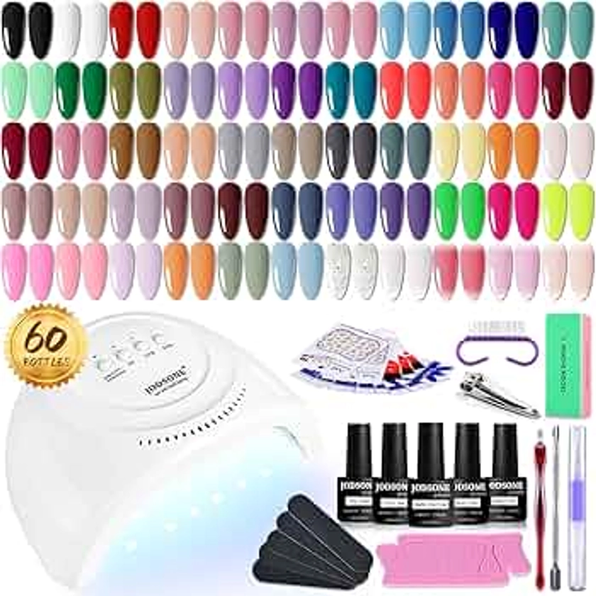 JODSONE 60 PCS Gel Nail Polish Kit with U V Light Base and Matte Glossy Top Coat Nail Gel Polish Soak off Manicure Accessory Tools Suitable for All Seasons