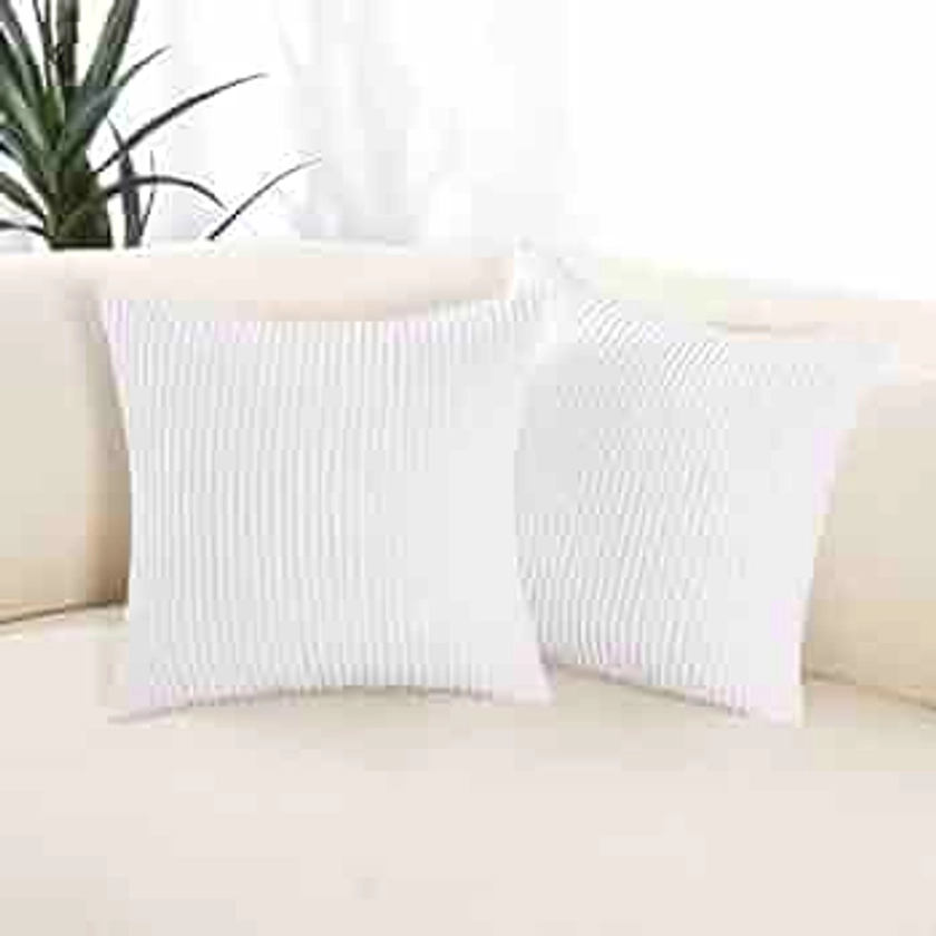 Deconovo Set of 2, White Throw Pillow Covers with Invisible Zipper, 24x24 Inch, White, Super Soft Corduroy Cushion Cover with Stripes Pattern for Couch Sofa Bed