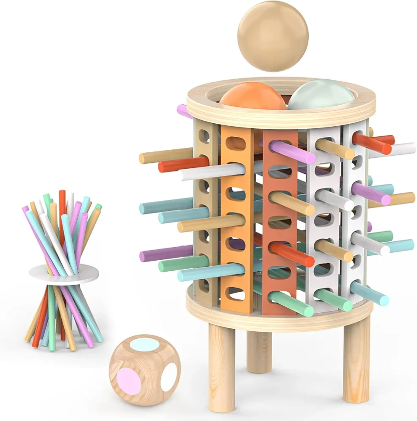 Jeux Montessori Jeu de Société en Bois pour Garçons Filles, Motricité Fine Jeu de Tour en Bois avec 28 Bâtonnets Colorés et Dés Jouets Éducatifs Famille Jeux Voyage Cadeau Enfant 3 4 5 6 7 8 9+ Ans