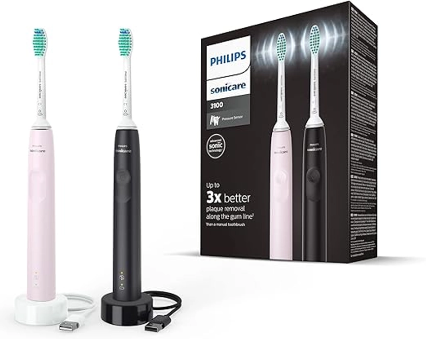 Philips Sonicare Série 3100 Brosse à dents électrique sonique avec capteur de pression intégré, Rose pastel et Noir (modèle HX3675/15)