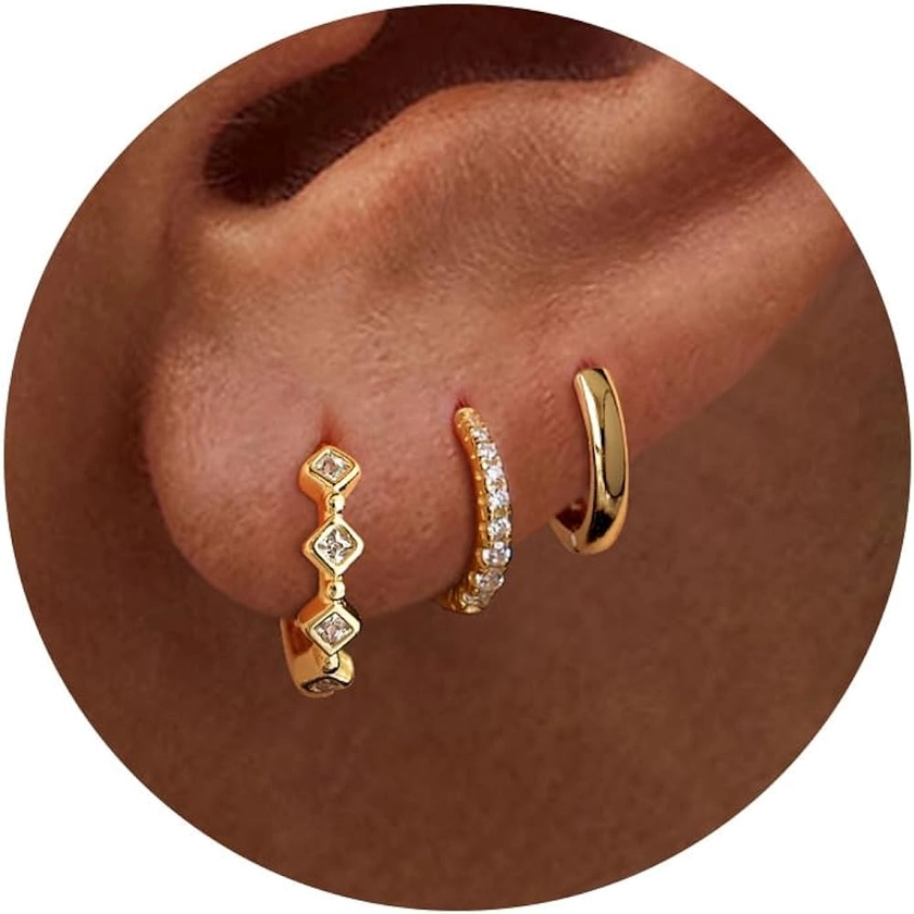 Freekiss 3 Pairs Gold Hoop Earrings Set: Dainty Stud Earrings Trendy Small 14K Gold Plated Hypoallergenic Dangle Cartilage Huggie Hoop Earrings for Women Gold Jewelry for Women Girls Gifts