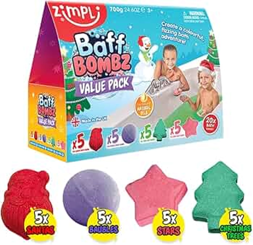 20 x Value Xmas Bath Bomb Gift Set from Zimpli Kids, Christmas Bath Sets for Children, Bathtub Presents for Boys & Girls, Organic & Natural Bath Fizzers, Stocking Fillers, Non-Toxic