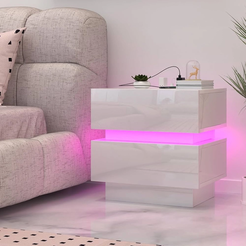 Table de Chevet avec Lumière LED,Table de Nuit avec Station de Charge Table d'Appoint avec 2 tiroirs Haute Brillance et 16 Couleurs Lumières LED pour Chambre à Coucher (45x35x46cm)