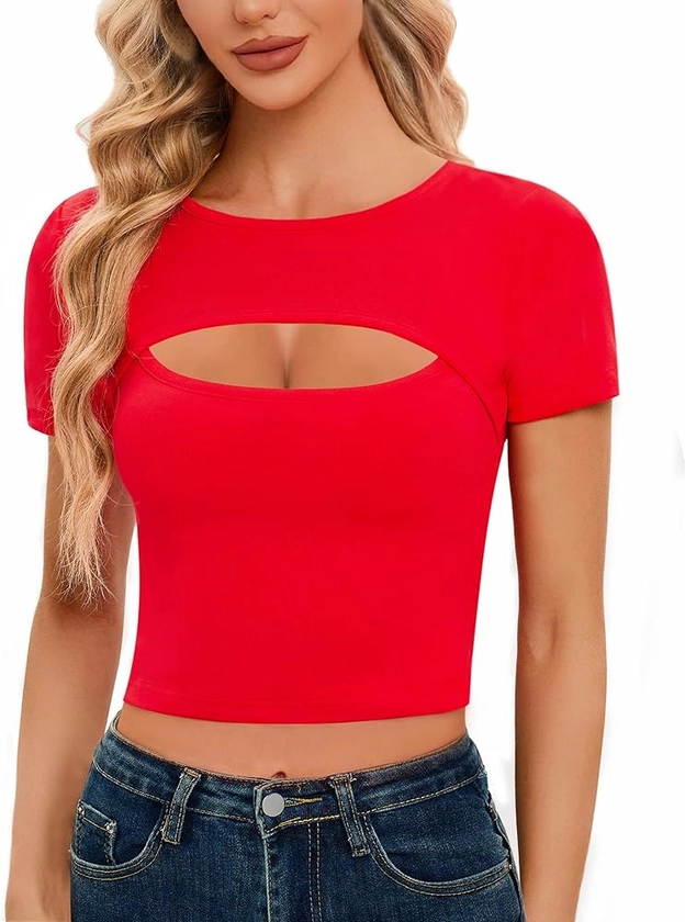 CLOZOZ Cut Out Tops for Women Long Sleeve Crop Top Sexy Crewneck Tops Slim Fitted T-Shirts Going Out Tops for Women