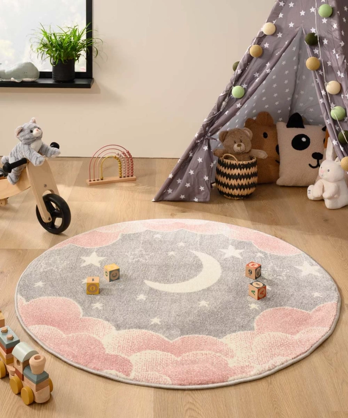 Rond vloerkleed kinderkamer wolk - Dreams roze/grijs