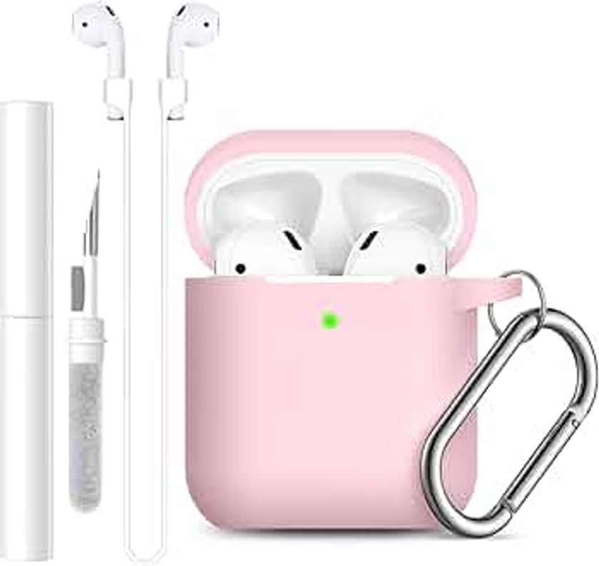 Lerobo for Airpods Case Cover, with Cleaner Kit and Magnetic Airpod Strap Anti-Lost Cord Sports Lanyard,Soft Slicone Cover Compatible with Apple AirPods 2nd 1st Generation Charging Case,Pink