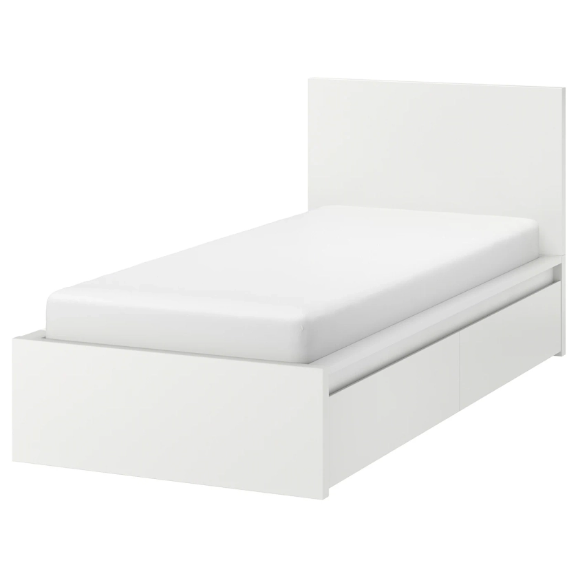 MALM Bed frame, high, w 2 storage boxes, white, Single - IKEA