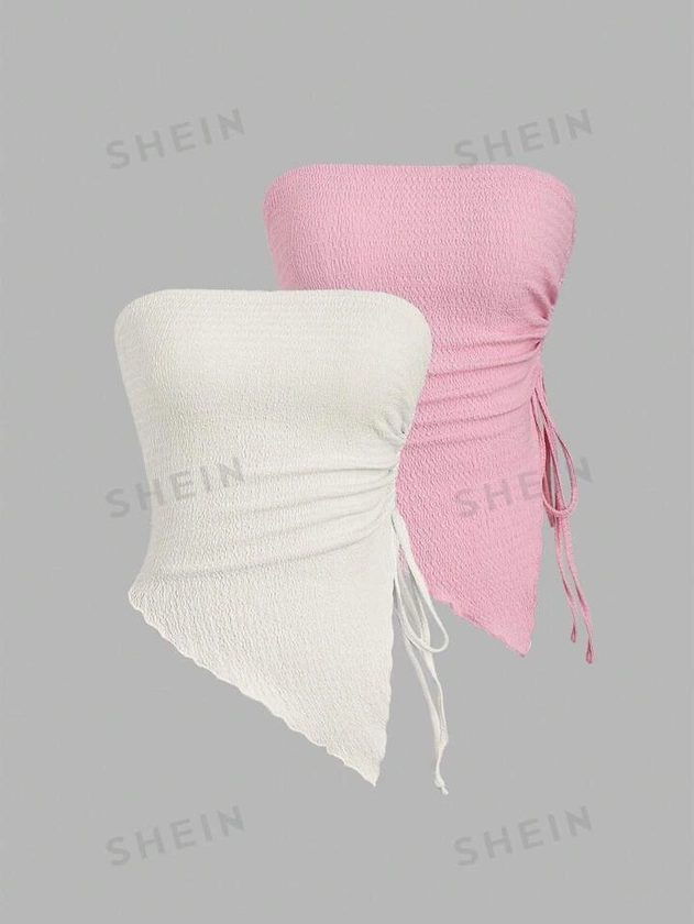 SHEIN MOD New Summer European And American Style Sexy Strapless Top With Drawstring Waist And Slanted Hem | SHEIN USA