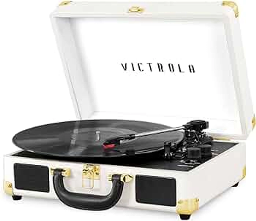 Victrola Vintage 3-Speed Bluetooth Portable Suitcase Record Player with Built-in Speakers | Upgraded Turntable Audio Sound|White, Model Number: VSC-550BT-WH