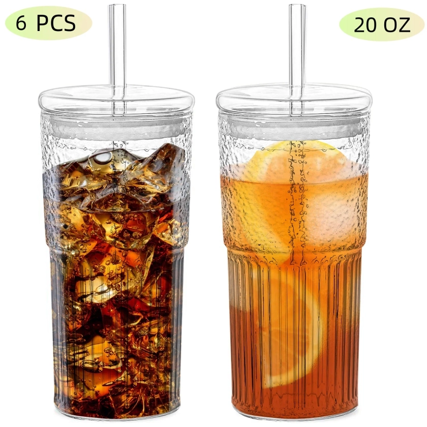 6 Piece 20 oz Glass Cups with Lid and Straw,High Borosilicate Tumbler,  Iced Coffee Cup,Water Smoothie,Clear