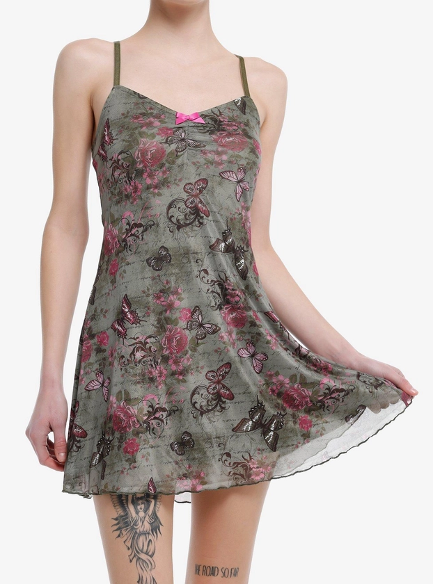 Sweet Society Pink & Green Butterfly Mesh Cami Dress