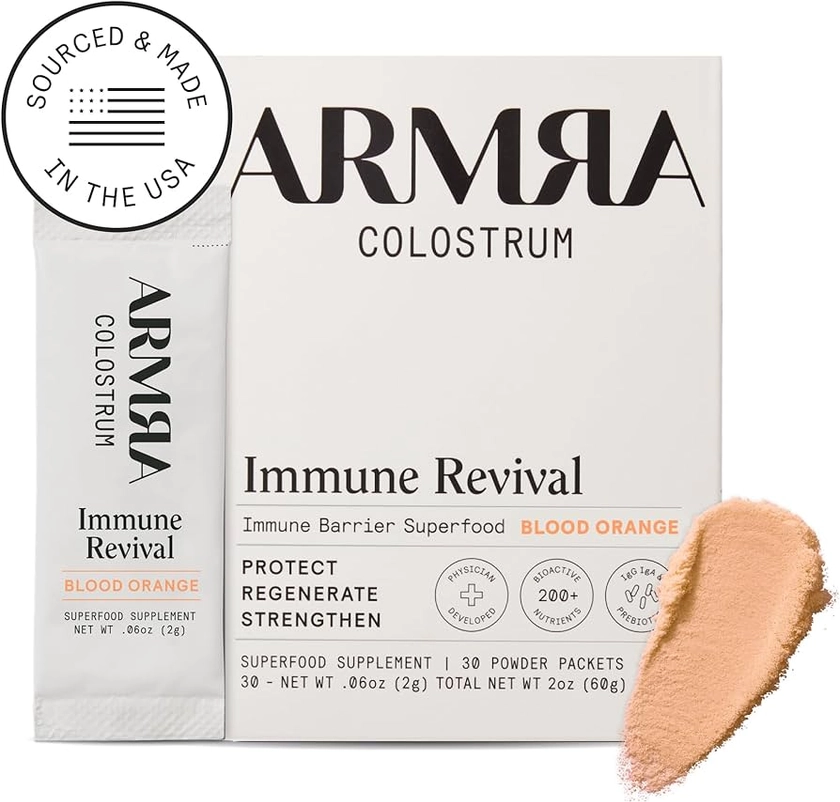 Amazon.com: ARMRA Colostrum™ Premium Powder, Grass Fed, Gut Health Bloating Immunity Skin & Hair, Contains 400+ Bioactive Nutrients, Potent Bioavailable, Keto, Gluten & Fat Free (Blood Orange | 30 Servings) : Health & Household