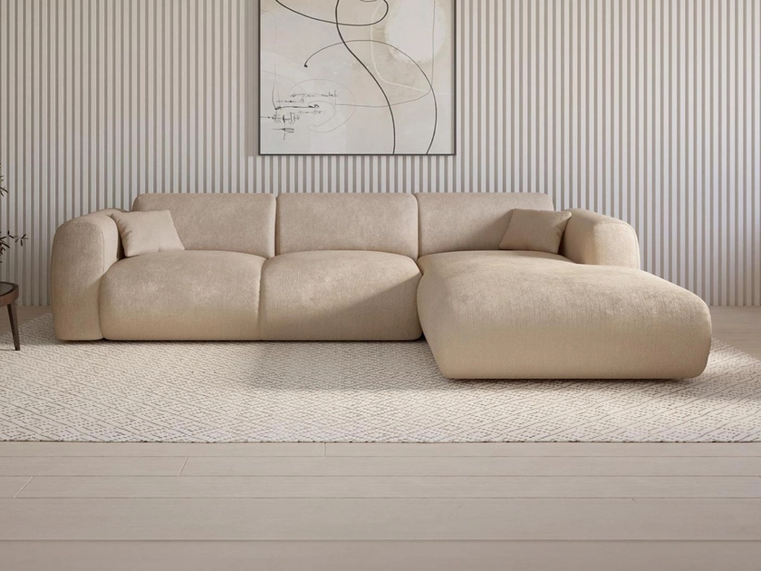 Grand canapé d'angle droit en tissu texturé beige style design POGNI de Maison Céphy