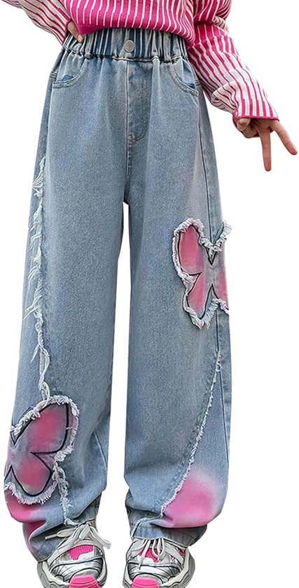 Girls Jeans Elastic Wasit Wide Leg Pants Kids Jeans 4-14 Years