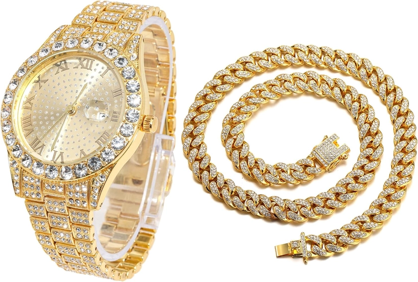 Halukakah Diamonds Gold Watch Iced Out,Men's 18K Real Gold/Platinum White Gold Plated 42MM Width Round Dial Quartz Wristband 9.5" with Cuban Link Chain 8"+18" Necklace Bracelet,Free Giftbox