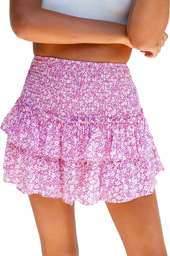 SAFRISIOR Women’s Summer High Waist Floral Layered Ruffle Hem Boho Mini Skirt Smocked A Line Pleated Beach Short Skirt