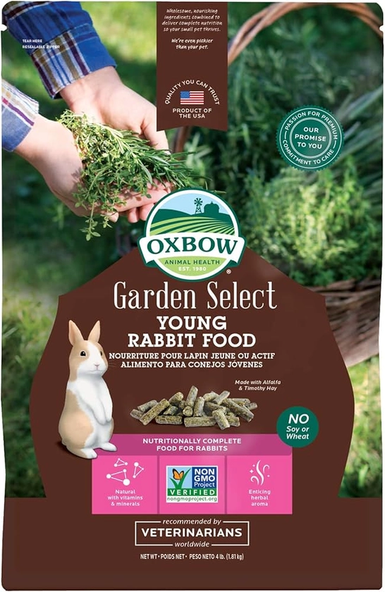 Oxbow Animal Health Garden Select Young Rabbit Food, Garden-Inspired Recipe for Young Rabbits, No Soy or Wheat, Non-GMO, Made in The USA, 4 Pound Bag (Pack of 1)