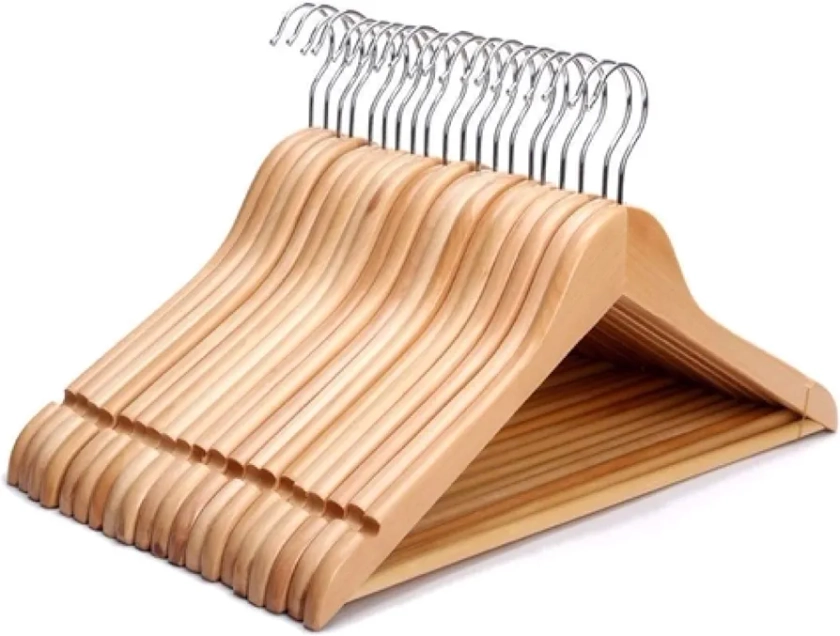 ZYBUX - Set of 20 Wooden Coat Hanger | Hangers for Adults with Round Trouser Bar and Shoulder Notches | Hangers for Dresses, Skirts, Tops, Jackets | Durable and Space Saving -- Wardrobe Hangers | 44cm
