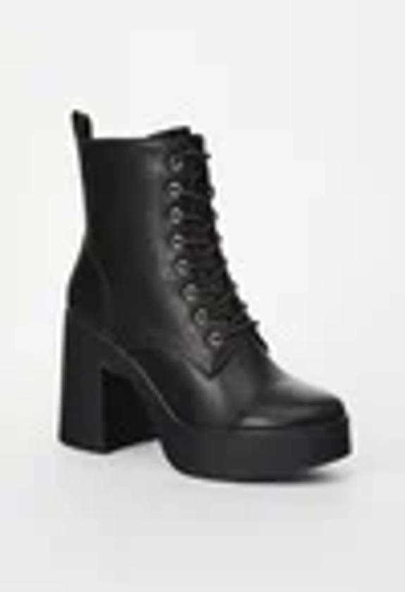 Letty Block Heeled Lace-Up Bootie in Black Caviar - Get great deals at ShoeDazzle