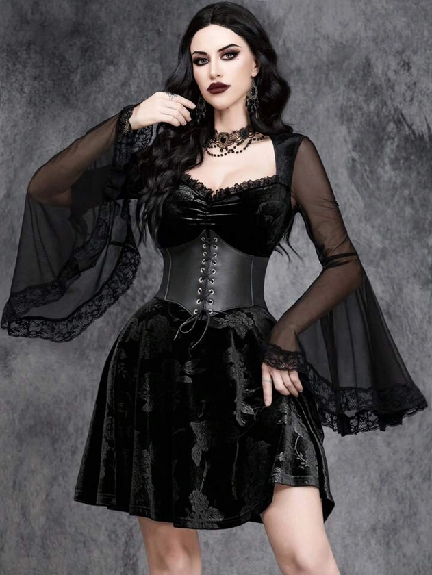 Vestido con mangas acampanadas, encaje y parches, con estampado oscuro y sexy, para fiesta de Halloween, para mujer, estilo gótico