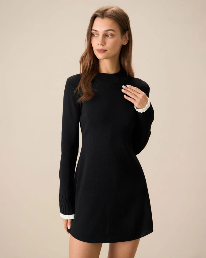 Women's Black Contrasting Long Sleeve Sweater Mini Dress & Reviews - Black - Dresses | RIHOAS