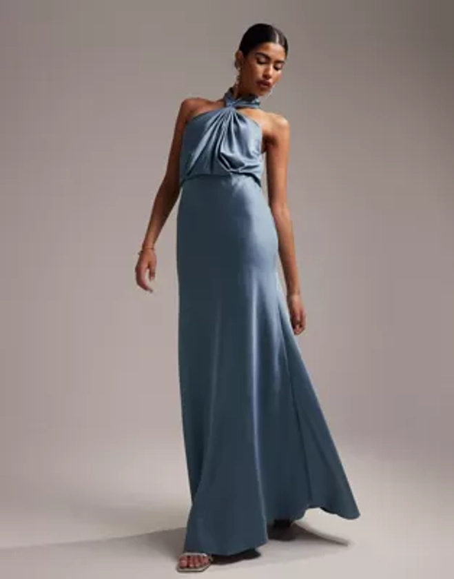 ASOS DESIGN Bridesmaid satin ruched halter neck maxi dress in dusky blue | ASOS