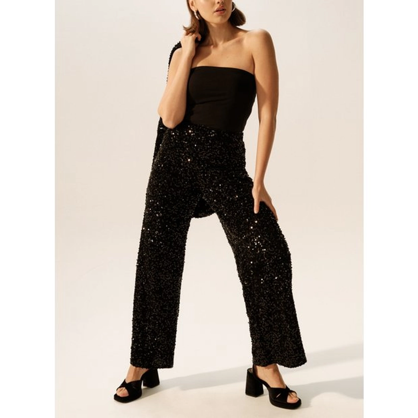 Buy Black Sequin Embellished Wide Leg Trousers 10R | Trousers | Tu